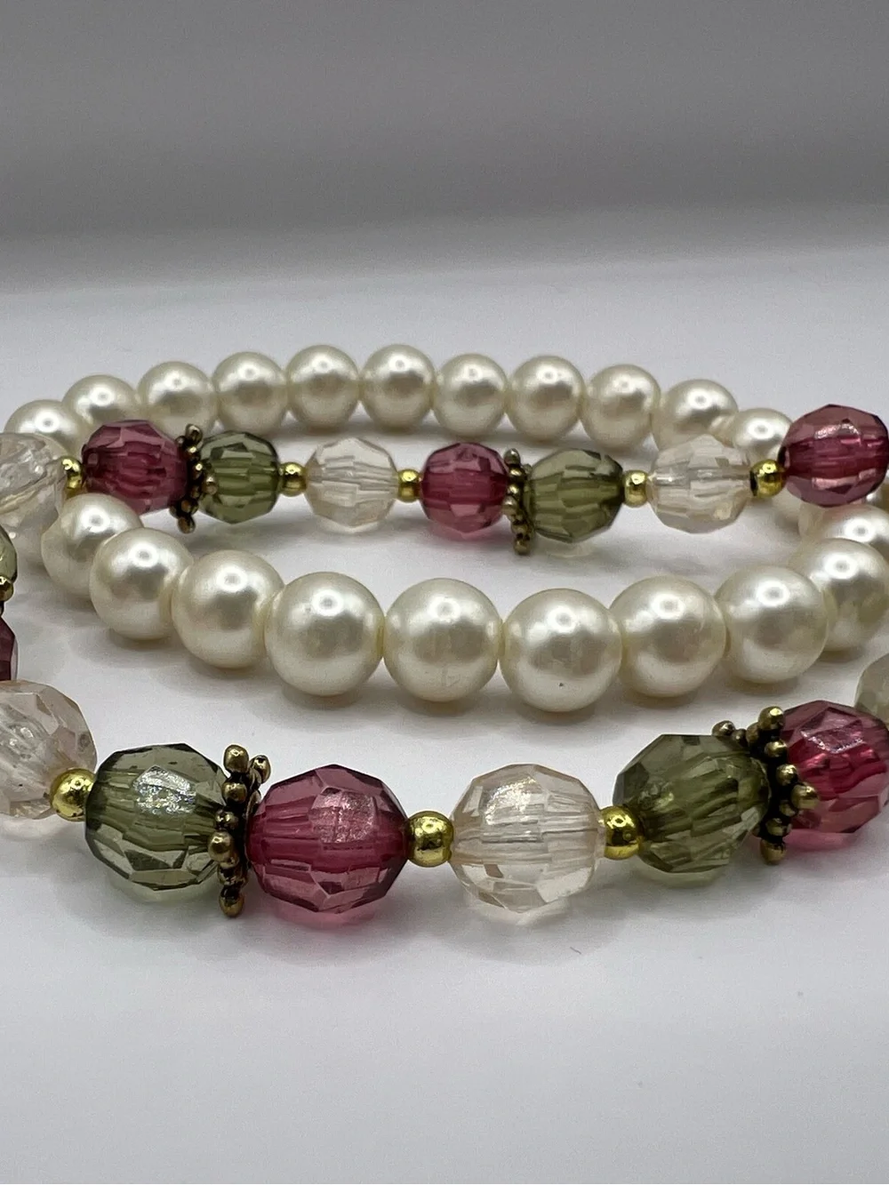 Vintage Faux Pearl & Multicolored Faceted Glass Bead Bracelet Set Lot of 2